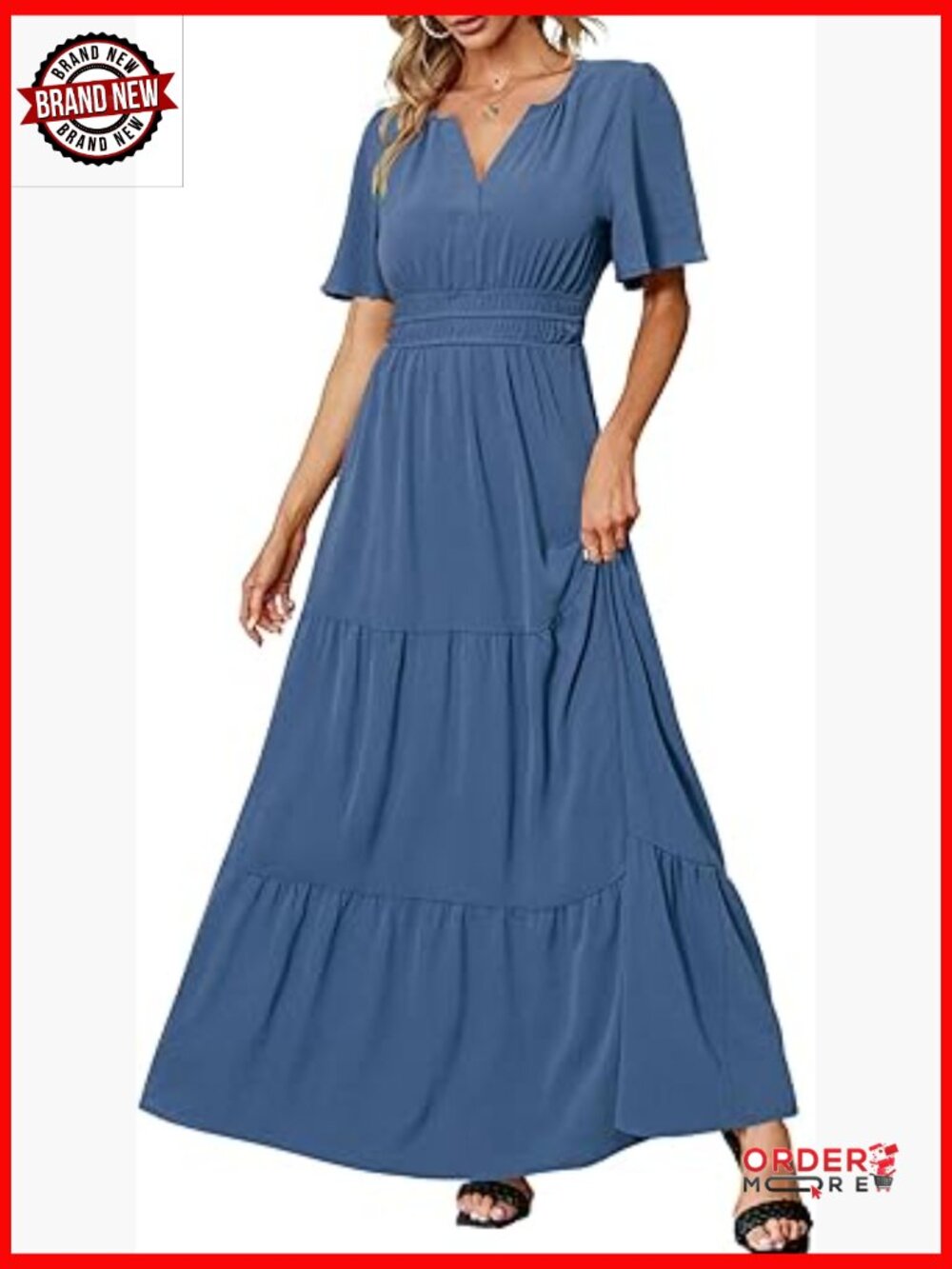 Women's V-Neck Short Sleeve Maxi Dress A-Line Tiered Ruffle Formal Guest